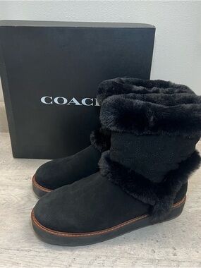 COACH IZZIE Boots Size 11 Black Signature Midcalf Suede Faux Fur FG4597